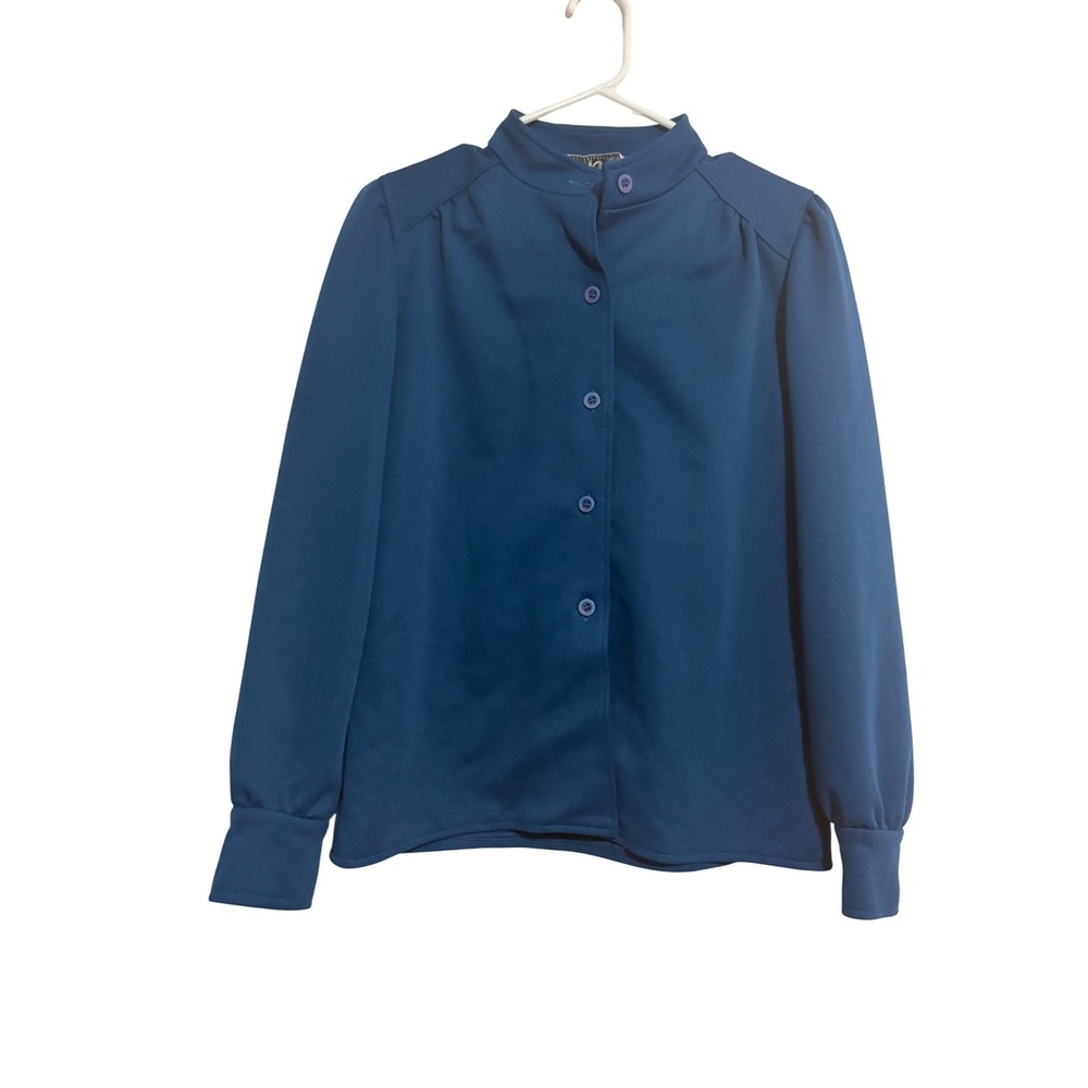 Fred Rothschild Blouse Vintage 60s 70s Teal Mock Neck Button Front Top‎